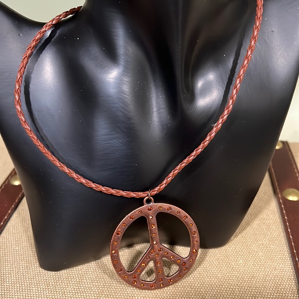 Peace ☮️ Pendant on a Brown Woven Leather Cord